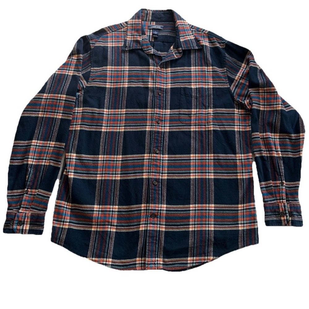 Lands' End Navy Plaid Button-Down Shirt traditional fit men’s Large